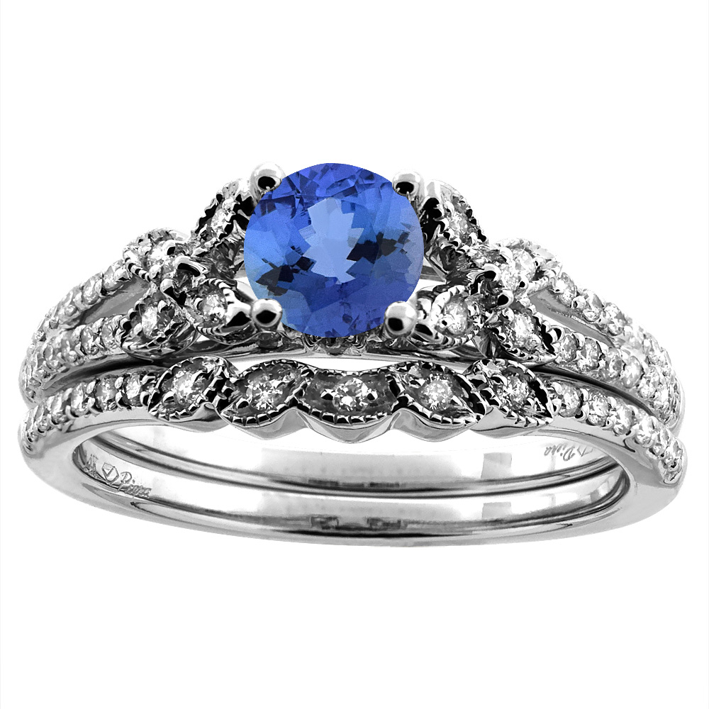 14K White/Yellow Gold Floral Diamond Natural Tanzanite 2pc Engagement Ring Set Round 5 mm, sizes 5-10