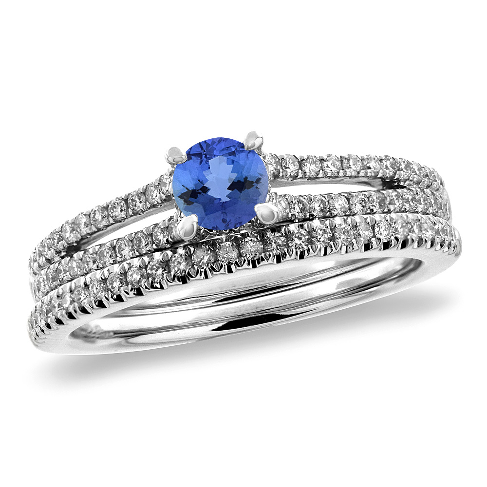 14K White Gold Diamond Natural Tanzanite 2pc Engagement Ring Set Round 5 mm, sizes 5-10