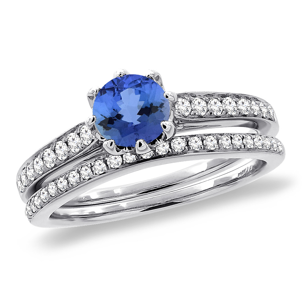 14K White Gold Diamond Natural Tanzanite 2pc Engagement Ring Set Round 5 mm, sizes 5-10