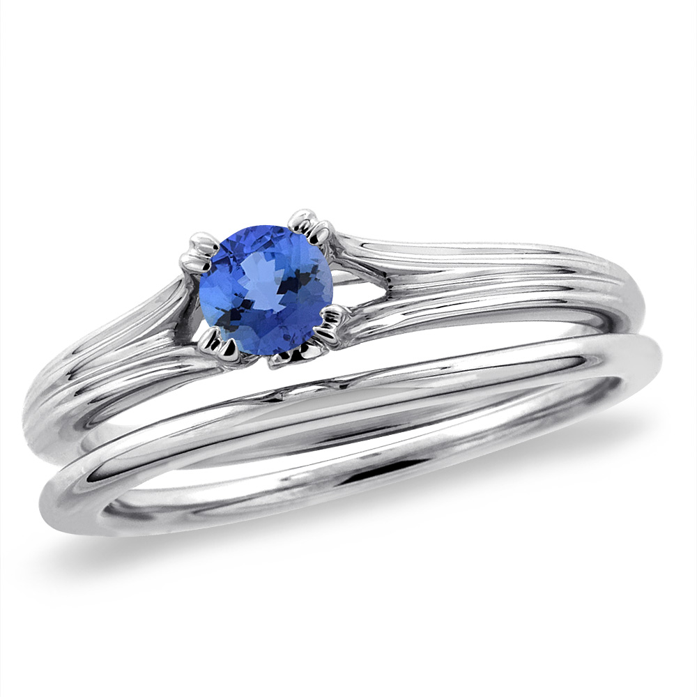 14K White Gold Diamond Natural Tanzanite 2pc Solitaire Engagement Ring Set Round 4 mm, size5-10