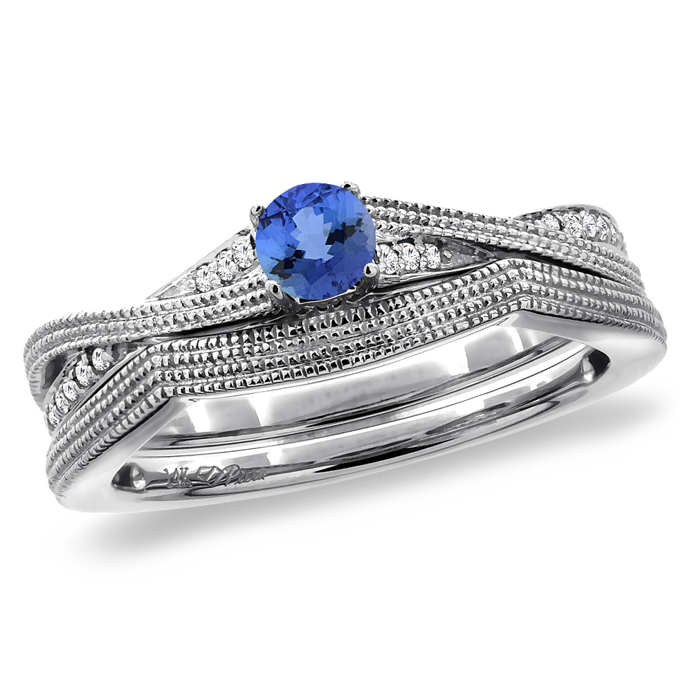 14K White Gold Diamond Natural Tanzanite 2pc Engagement Ring Set Round 4 mm, sizes 5 - 10