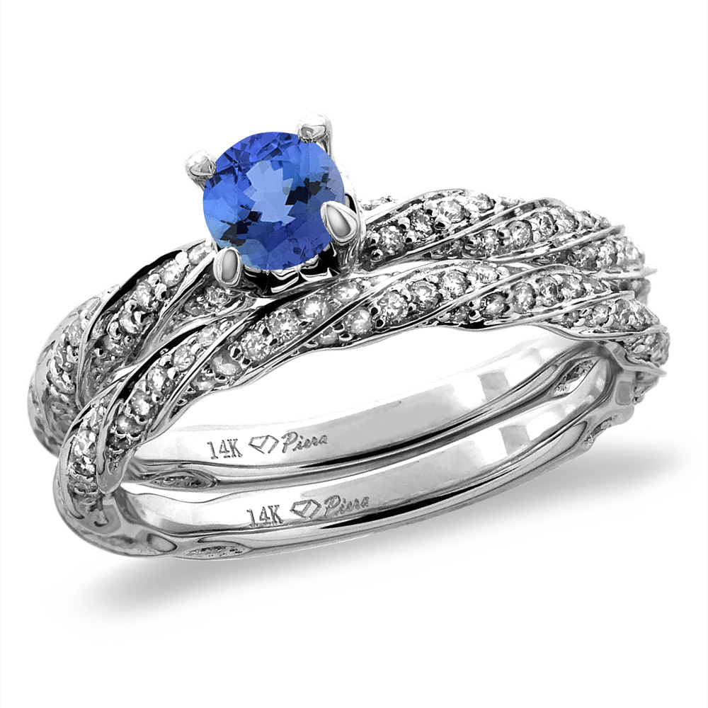 14K White/Yellow Gold Diamond Natural Tanzanite 2pc Twisted Engagement Ring Set Round 4 mm, size5-10