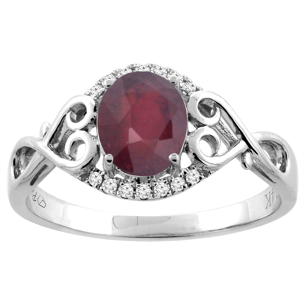 14K Gold Diamond Natural Quality Ruby Engagement Ring Oval 8x6 mm Heart Accent, size 5 - 10