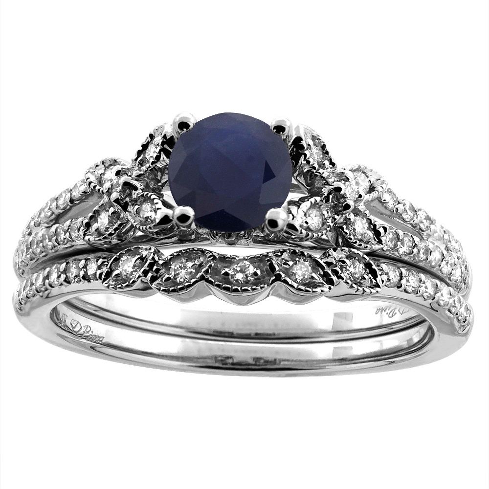 14K White/Yellow Gold Diamond Natural Quality Blue Sapphire 2pc Engagement Ring Set Round 5mm, size5-10