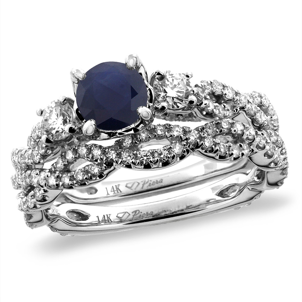 14K White/Yellow Gold Diamond Natural Quality Blue Sapphire 2pc Engagement Ring Set Round 5mm, size5-10