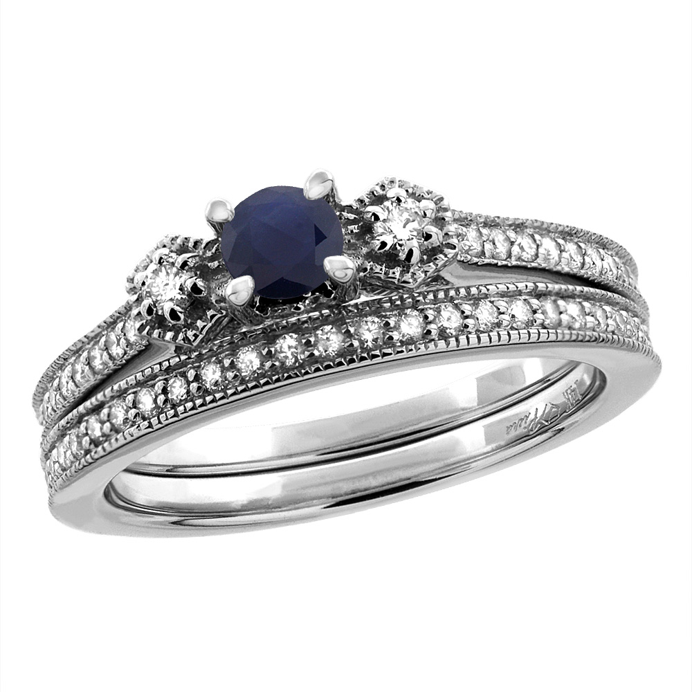 14K White/Yellow Gold Diamond Natural Quality Blue Sapphire 2pc Engagement Ring Set Round 4mm, size5-10