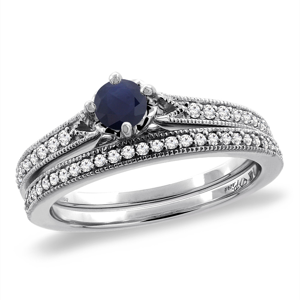 14K White Gold Diamond Natural Ruby 2pc Engagement Ring Set Round 4 mm, sizes 5 - 10