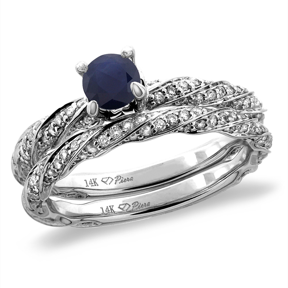 14K White/Yellow Gold Diamond Natural Quality Blue Sapphire 2pc Engagement Ring Set Round 4mm, size5-10