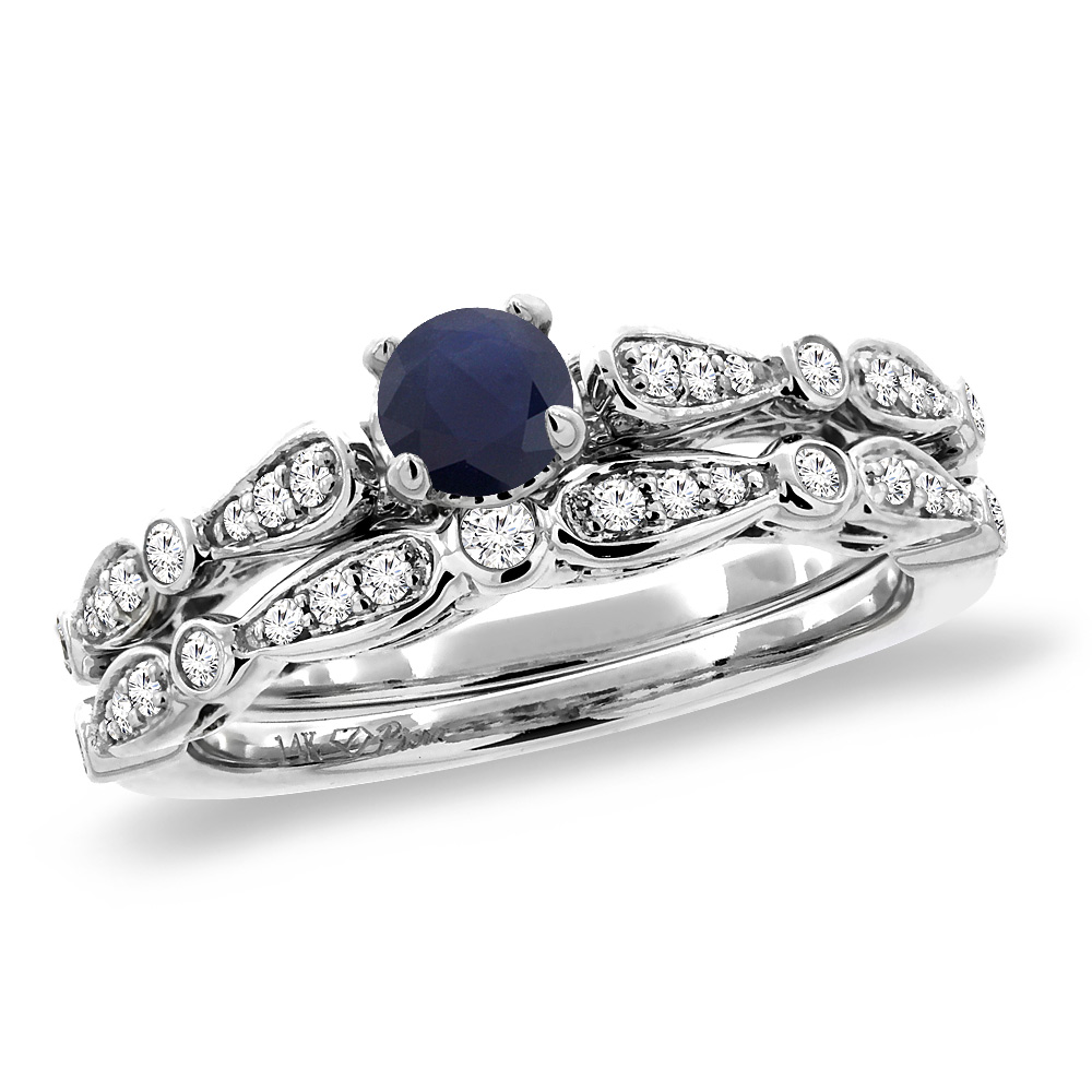 14K White Gold Diamond Natural Ruby 2pc Engagement Ring Set Round 4 mm, size5-10