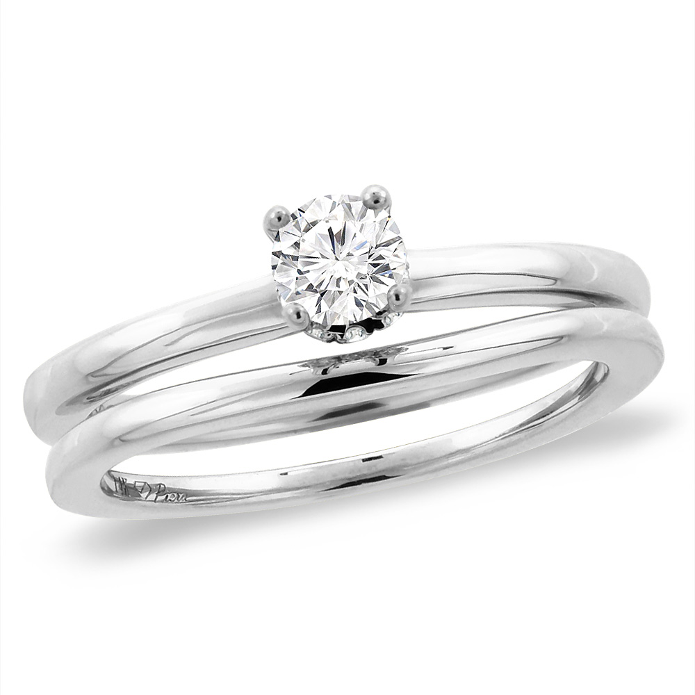 14K White Gold 0.5 ct Cubic Zirconia 2pc Solitaire Engagement Ring Set Round 5 mm, size5-10