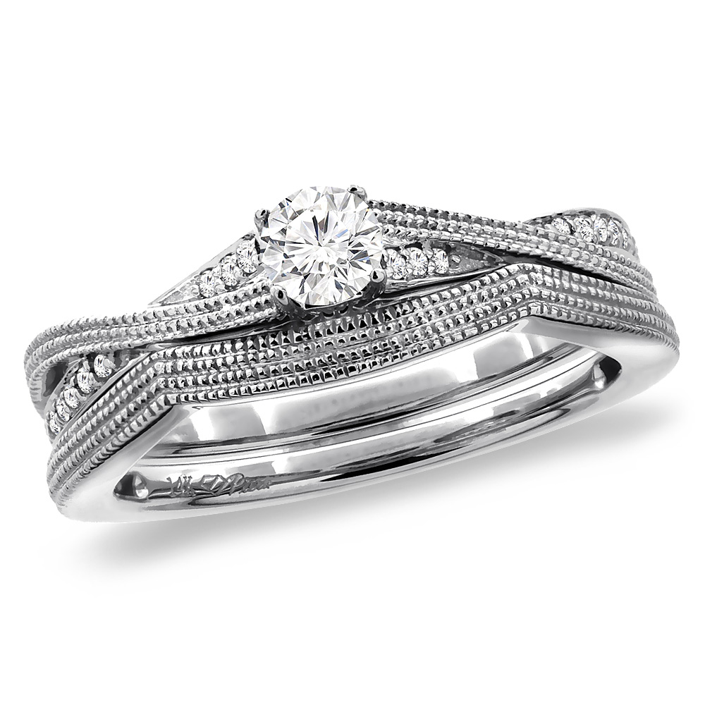 14K White Gold 0.25 ct Cubic Zirconia 2pc Engagement Ring Set Round 4 mm, sizes 5 - 10