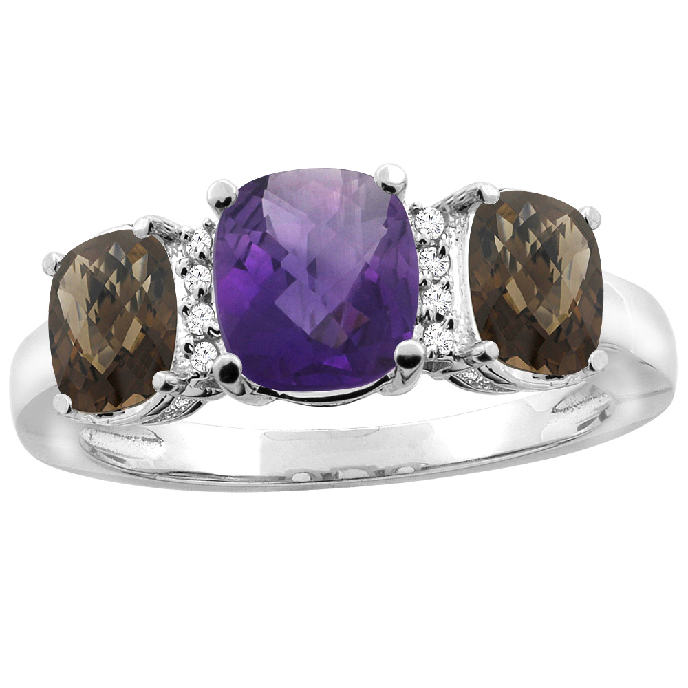10K White Gold Natural Amethyst & Smoky Topaz 3-stone Ring Cushion 8x6mm Diamond Accent, sizes 5 - 10