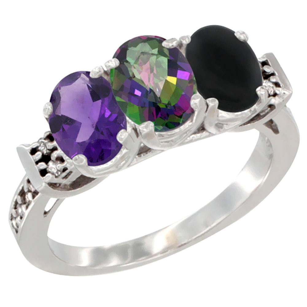 10K White Gold Natural Amethyst, Mystic Topaz & Black Onyx Ring 3-Stone Oval 7x5 mm Diamond Accent, sizes 5 - 10