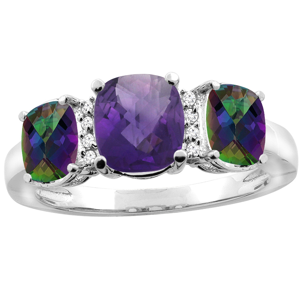 10K White Gold Natural Amethyst & Mystic Topaz 3-stone Ring Cushion 8x6mm Diamond Accent, sizes 5 - 10