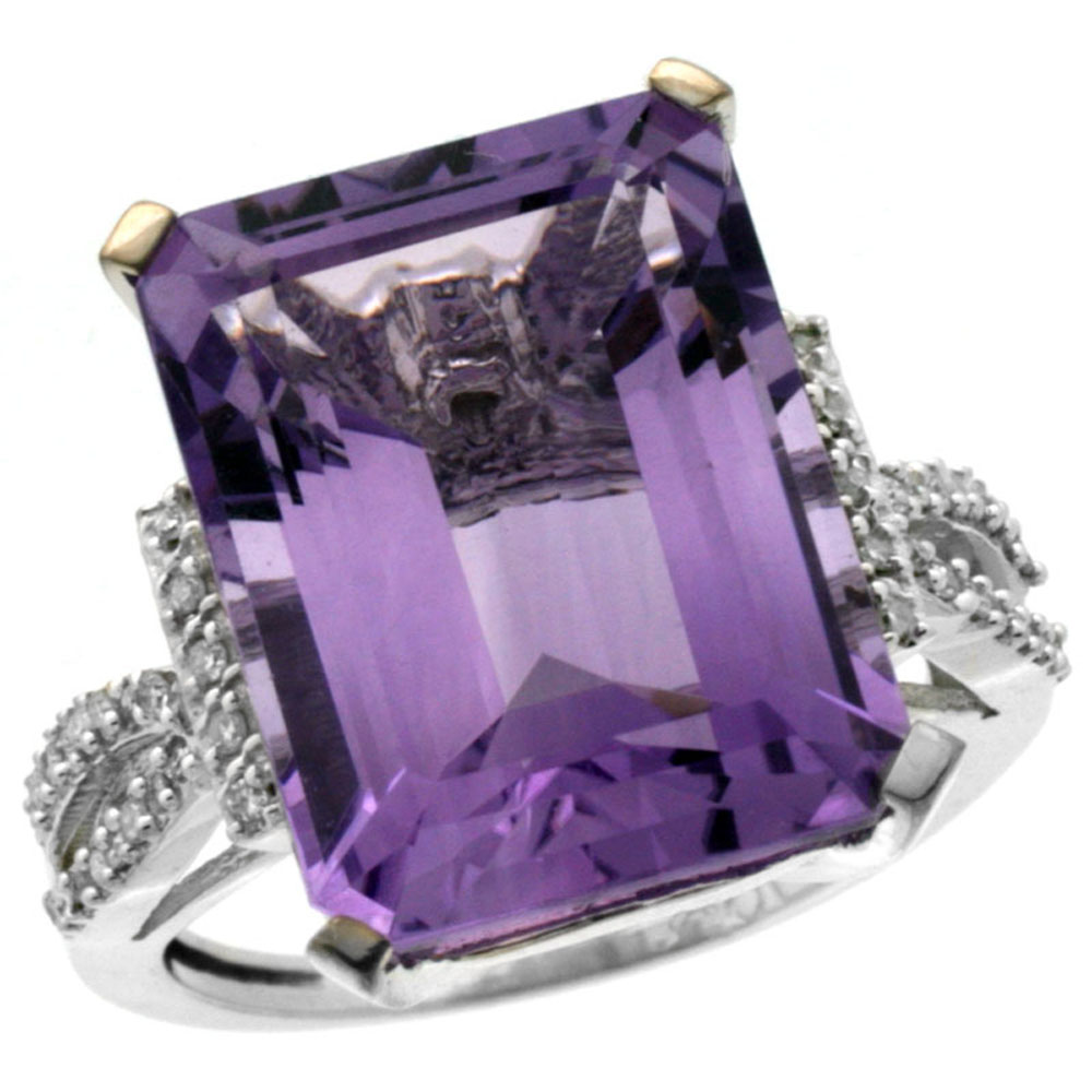 10K White Gold Genuine Diamond Amethyst Ring Emerald-cut 16x12mm sizes 5-10