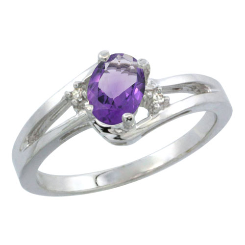 10K White Gold Diamond Natural Amethyst Ring Oval 6x4 mm, sizes 5-10