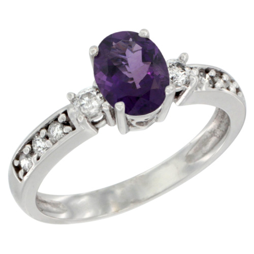 10k White Gold Natural Amethyst Ring Oval 7x5 mm Diamond Accent, sizes 5 - 10