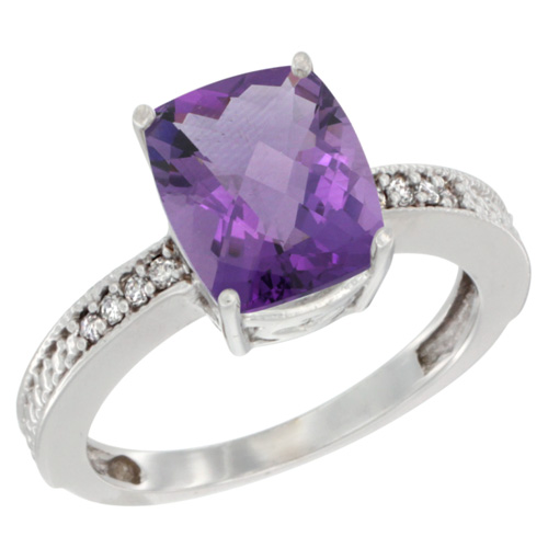 10K White Gold Diamond Cushion 10x8 mm Natural Amethyst Stone Ring, sizes 5 - 10