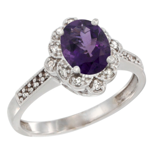 10K White Gold Natural Amethyst Ring Oval 8x6 mm Floral Diamond Halo, sizes 5 - 10