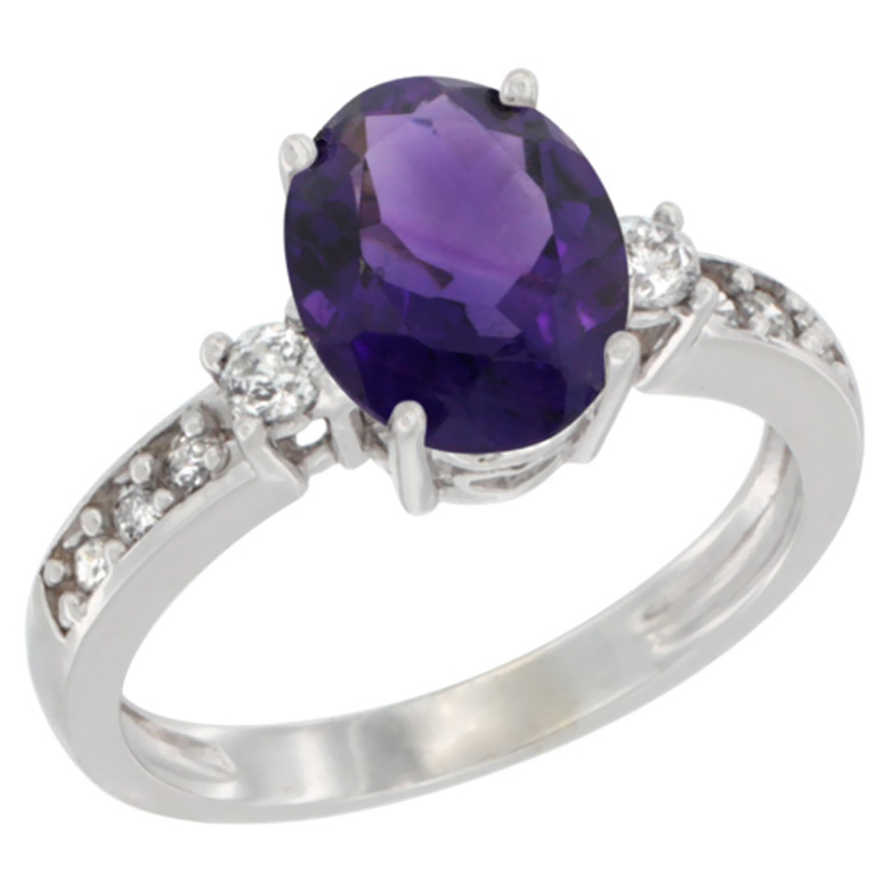 10K White Gold Natural Amethyst Ring Oval 9x7 mm Diamond Accent, sizes 5 - 10
