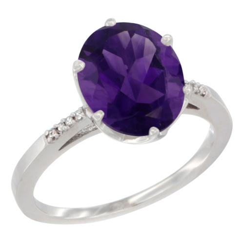 10K White Gold Natural Amethyst Engagement Ring 10x8 mm Oval, sizes 5 - 10