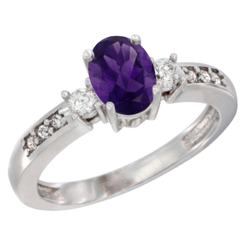 10K White Gold Diamond Natural Amethyst Engagement Ring Oval 7x5 mm, sizes 5 - 10