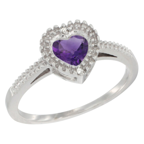 10K White Gold Natural Amethyst Ring Heart 6x6 mm, sizes 5 - 10