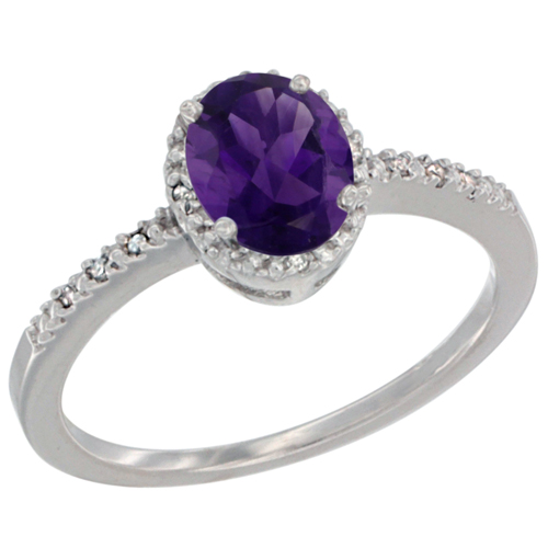 10K White Gold Diamond Natural Amethyst Engagement Ring Oval 7x5 mm, sizes 5 - 10