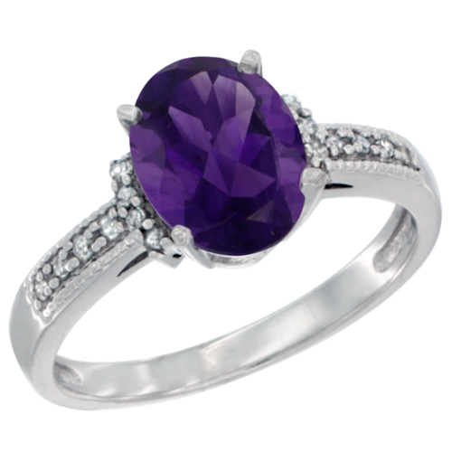 10K White Gold Natural Amethyst Ring Oval 9x7 mm Diamond Accent, sizes 5 - 10