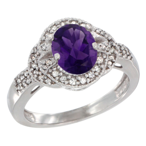 10K White Gold Natural Amethyst Ring Oval 8x6 mm Diamond Accent, sizes 5 - 10