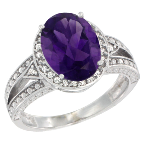 10k White Gold Natural Amethyst Ring Oval 9x7 mm Diamond Halo, sizes 5 - 10