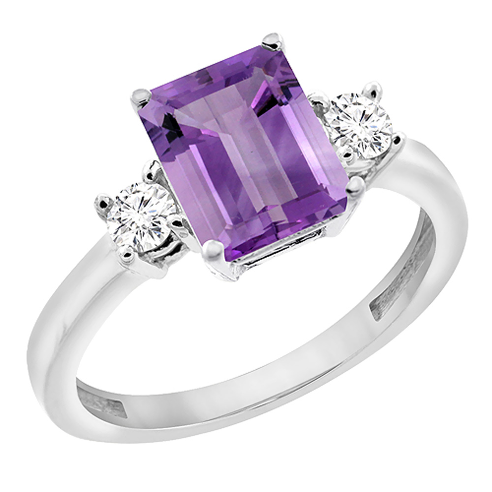 10K White Gold Natural Amethyst Ring Octagon 8x6 mm with Diamond Accents, sizes 5 - 10