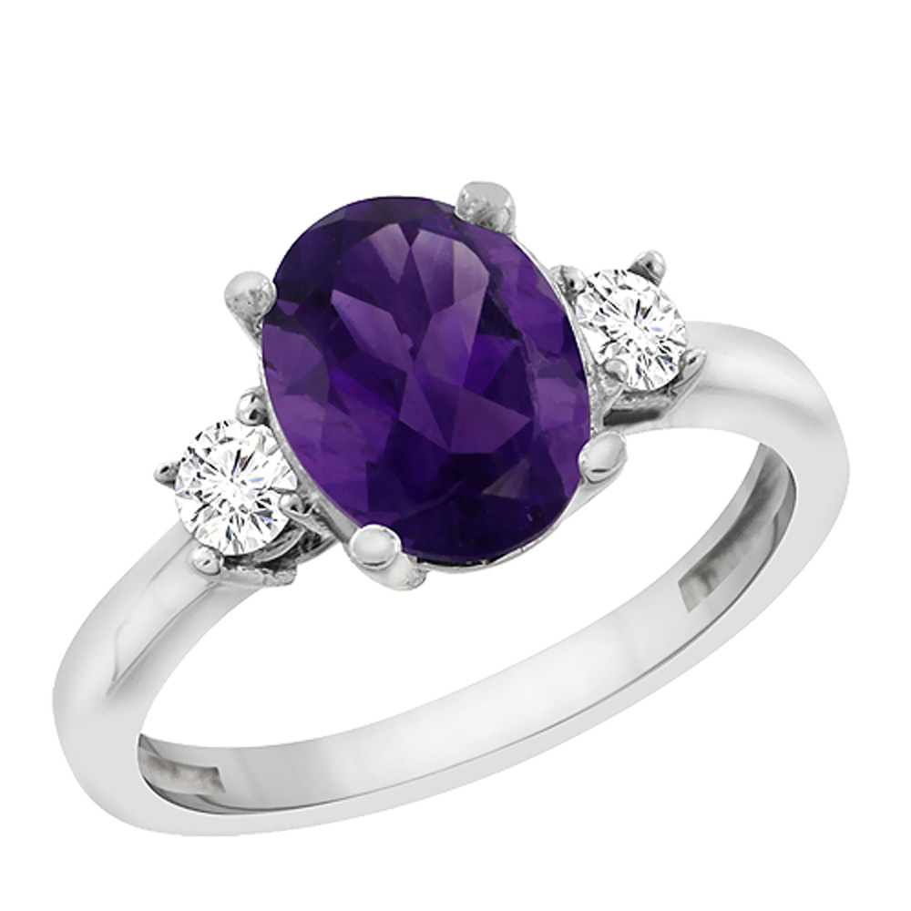 10K White Gold Natural Amethyst Engagement Ring Oval 10x8 mm Diamond Sides, sizes 5 - 10