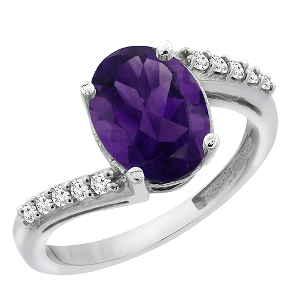10K White Gold Diamond Natural Amethyst Engagement Ring Oval 10x8mm, sizes 5-10