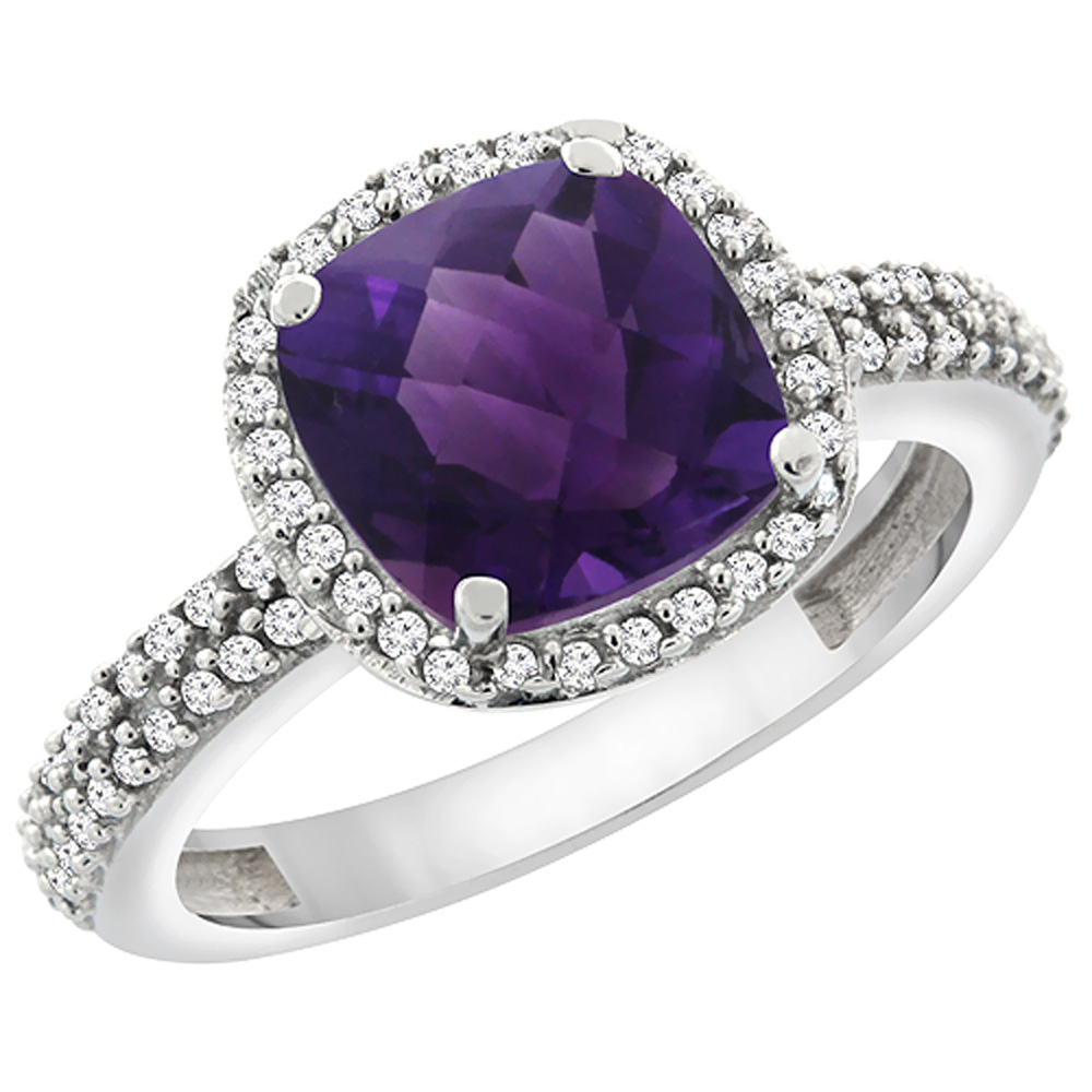 10K White Gold Natural Amethyst Cushion 8x8 mm with Diamond Accents, sizes 5 - 10