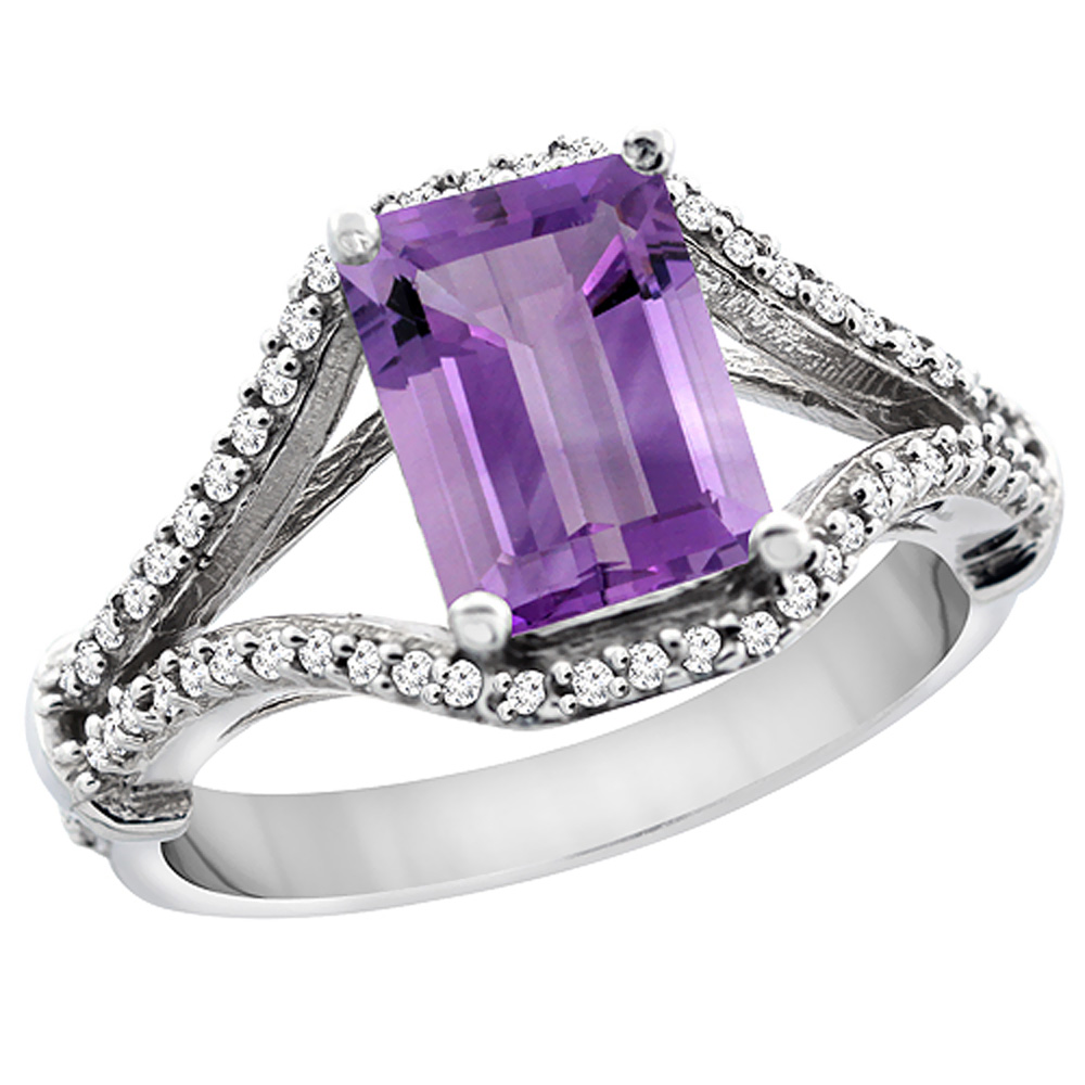 10K White Gold Natural Amethyst Ring Octagon 8x6 mm with Diamond Accents, sizes 5 - 10