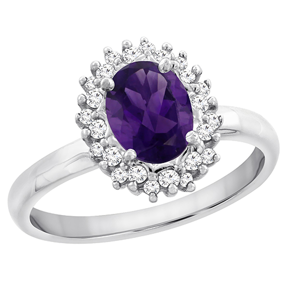 10K White Gold Diamond Natural Amethyst Engagement Ring Oval 7x5mm, sizes 5 - 10
