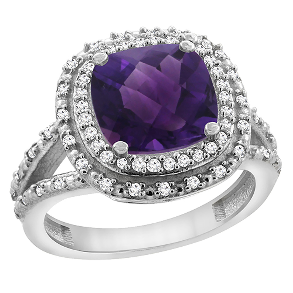 10K White Gold Natural Amethyst Ring Cushion 8x8 mm with Diamond Accents, sizes 5 - 10