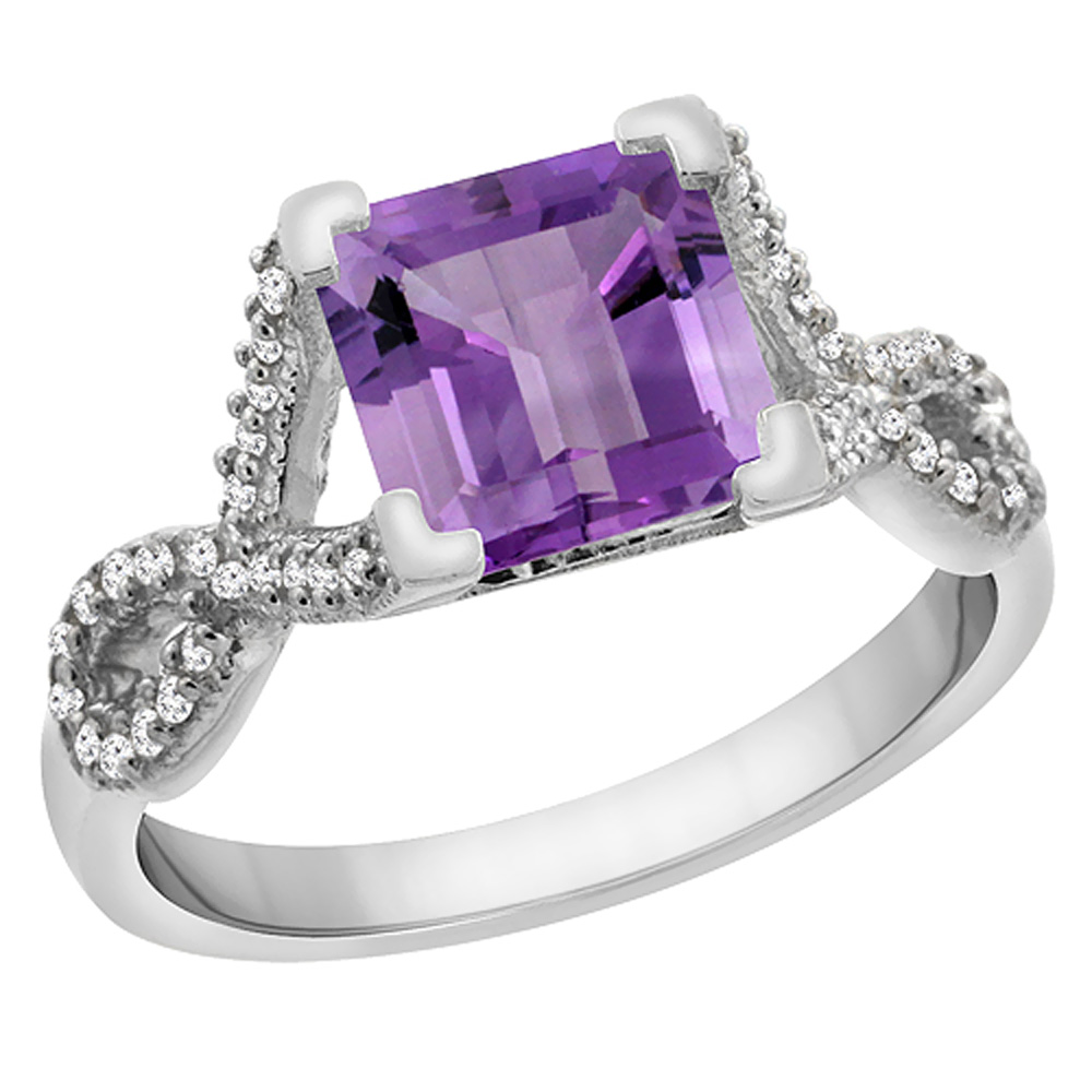 10K White Gold Natural Amethyst Ring Square 7x7 mm Diamond Accents, sizes 5 to 10