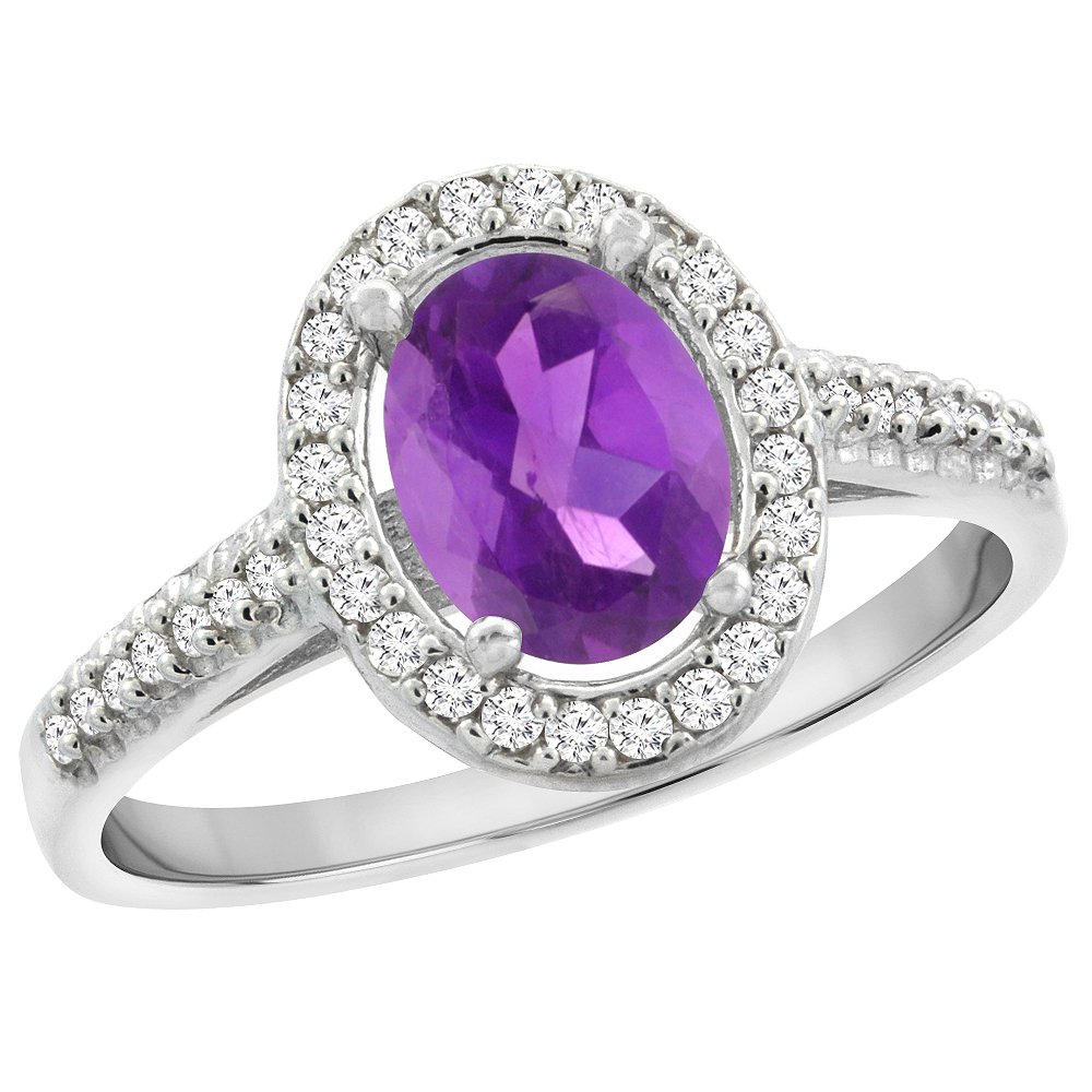 10K White Gold Natural Amethyst Engagement Ring Oval 7x5 mm Diamond Halo, sizes 5 - 10
