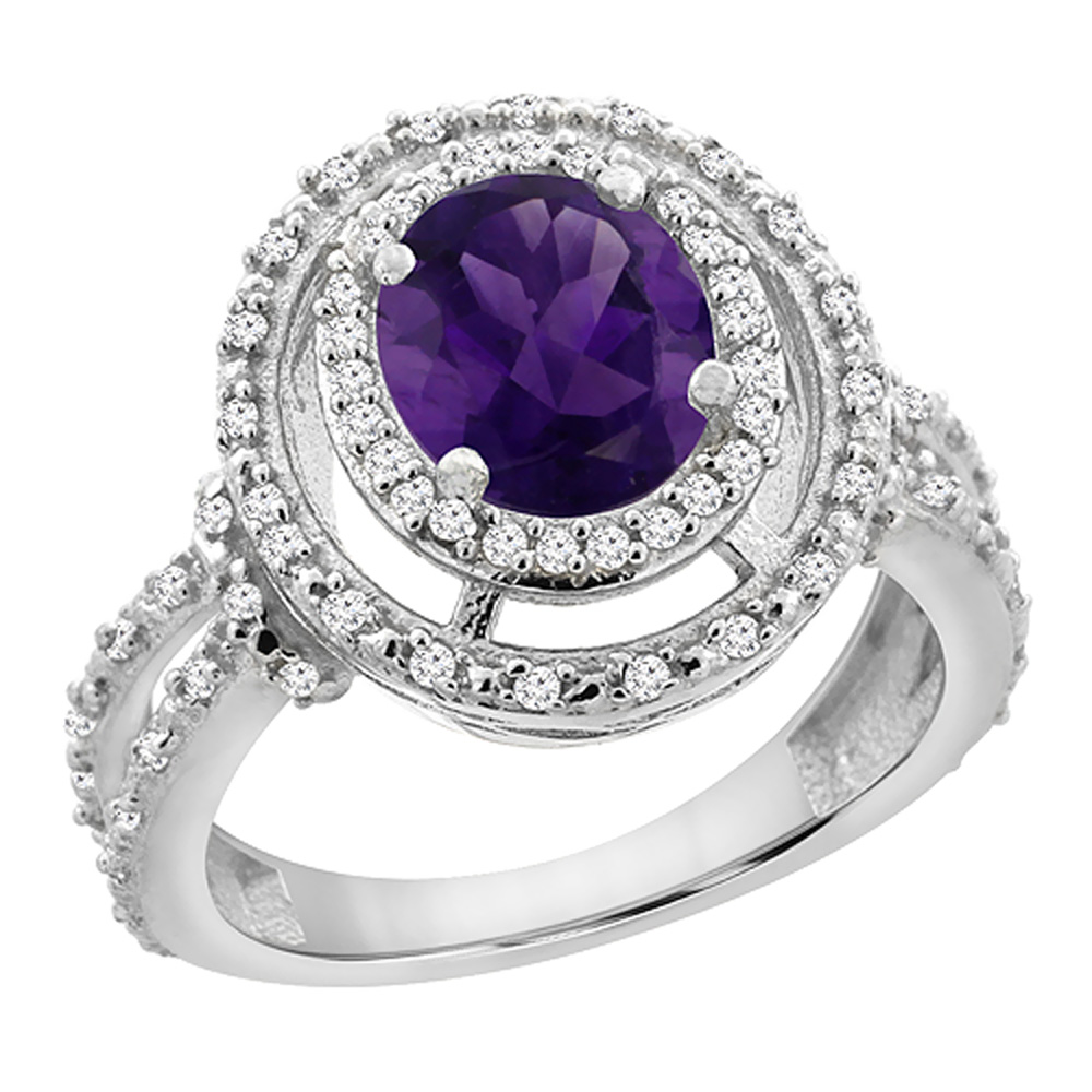 10K White Gold Natural Amethyst Ring Oval 8x6 mm Double Halo Diamond, sizes 5 - 10