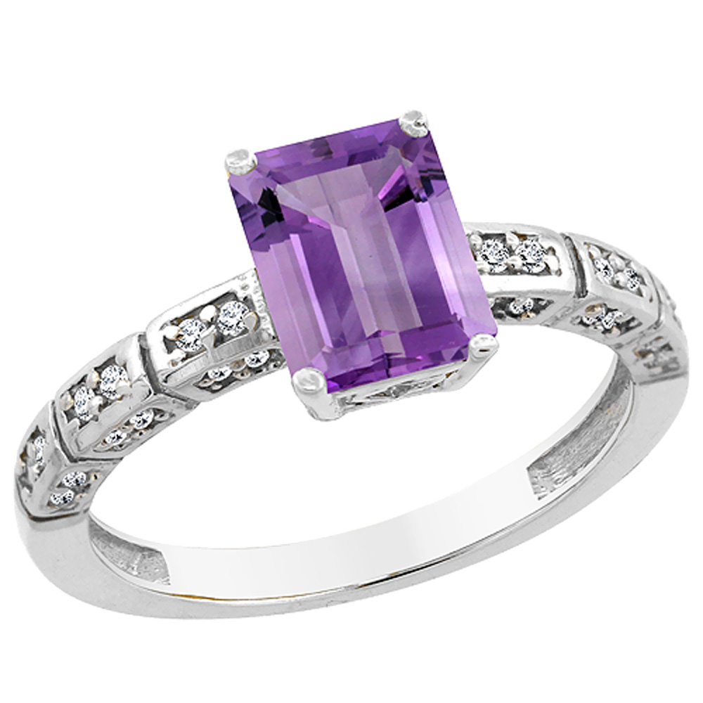 10K White Gold Natural Amethyst Octagon 8x6 mm with Diamond Accents, sizes 5 - 10