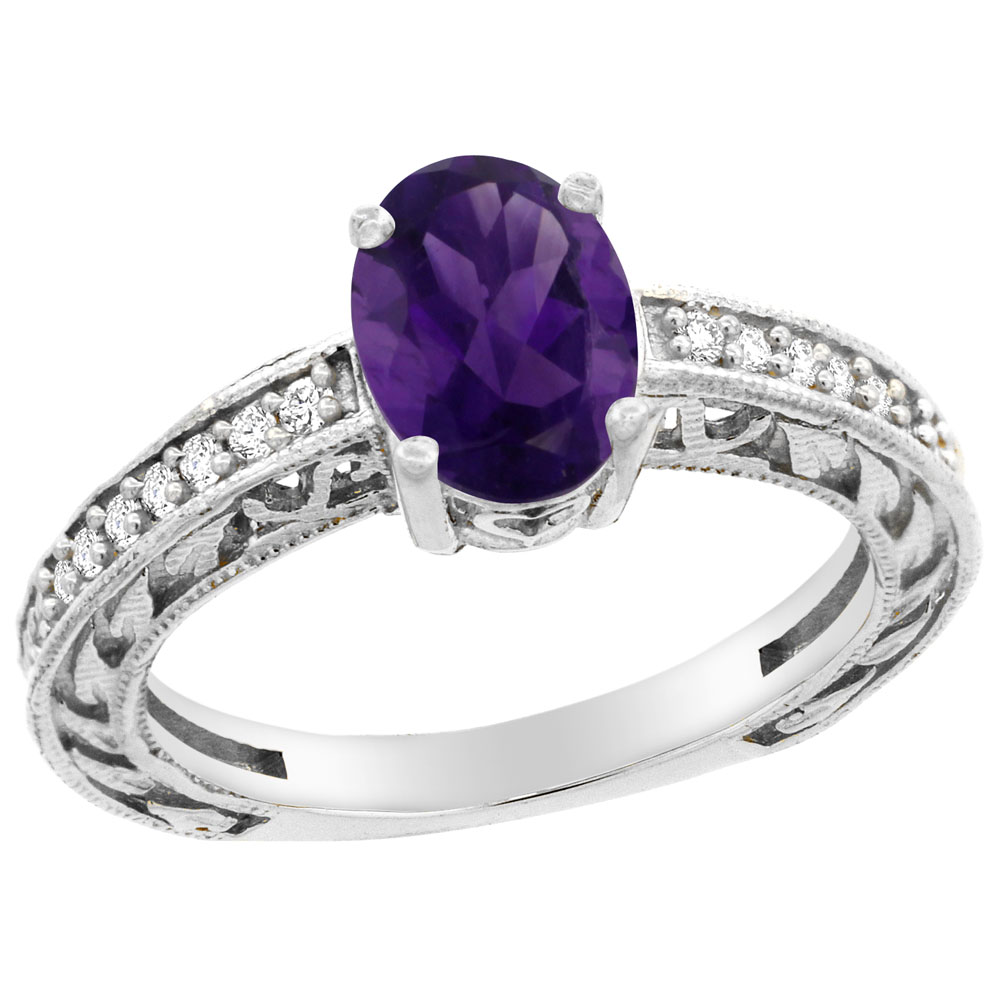 10K Gold Natural Amethyst Ring Oval 8x6 mm Diamond Accents, sizes 5 - 10