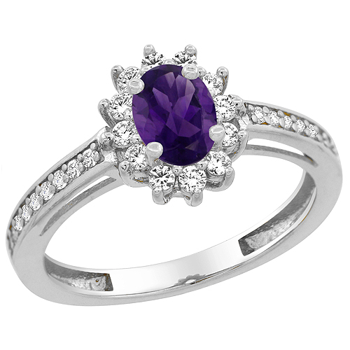 10K White Gold Natural Amethyst Flower Halo Ring Oval 6x4 mm Diamond Accents, sizes 5 - 10