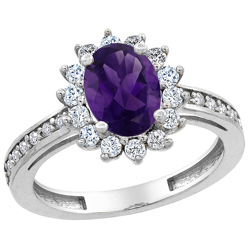 10K White Gold Natural Amethyst Floral Halo Ring Oval 8x6mm Diamond Accents, sizes 5 - 10