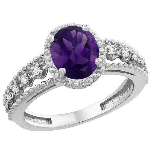 10K White Gold Natural Amethyst Ring Oval 9x7 mm Floating Diamond Accents, sizes 5 - 10