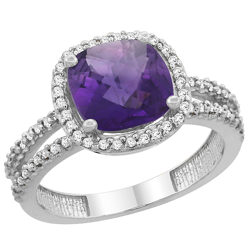 10K White Gold Natural Amethyst Ring Cushion-cut 8x8 mm 2-row Diamond Accents, sizes 5 - 10