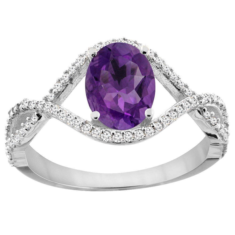 10K White Gold Natural Amethyst Ring Oval 8x6 mm Infinity Diamond Accents, sizes 5 - 10