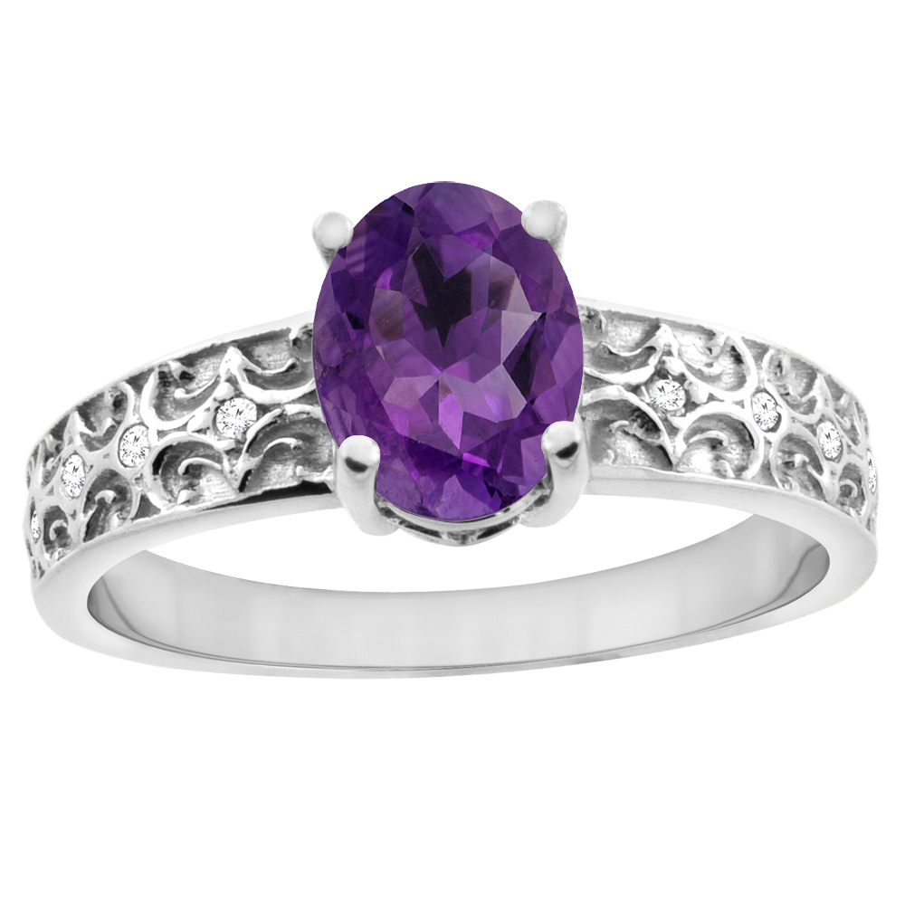10K White Gold Natural Amethyst Ring Oval 8x6 mm Diamond Accents, sizes 5 - 10