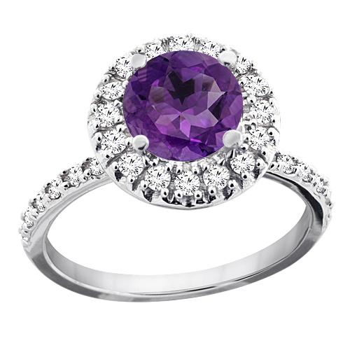 10K White Gold Natural Amethyst Ring Round 8mm Floating Halo Diamond, sizes 5 - 10